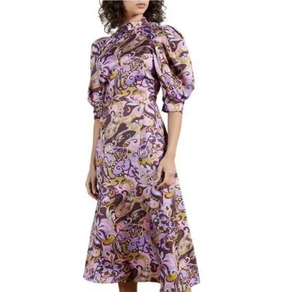 NWT Ted Baker HARIAT Silk Midi Purple Floral Puff Sleeve Open Back US 2 - Picture 1 of 16